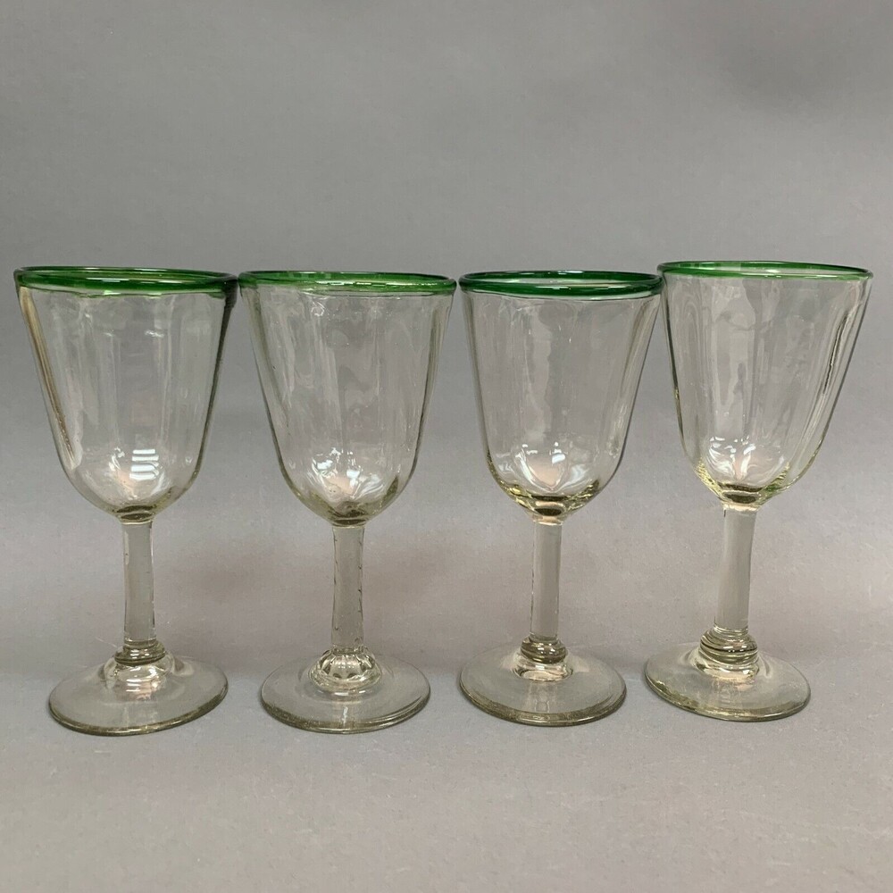 Clear Glass Green Trim Blown Glasses Mexico? Lot of 4
